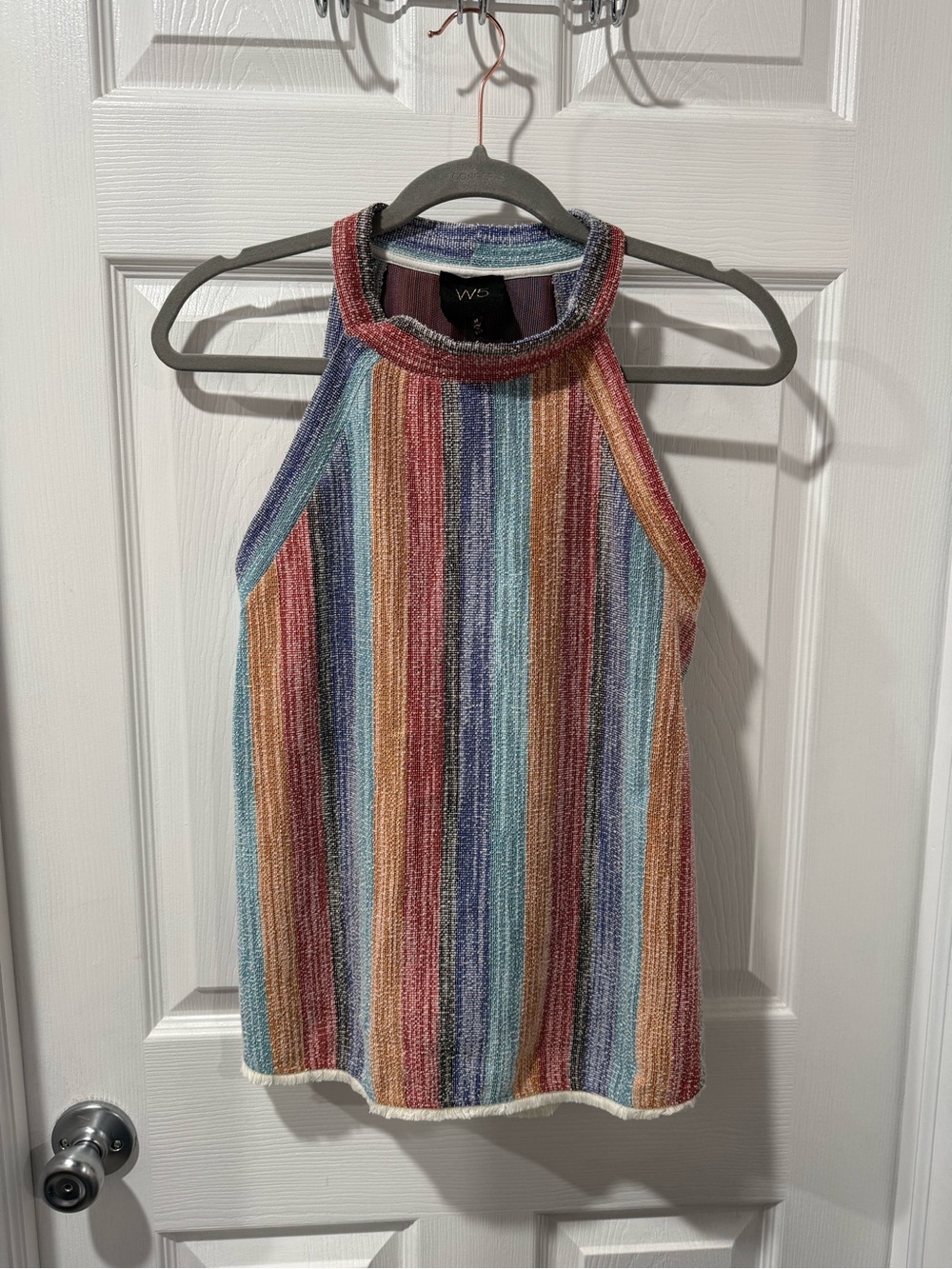 W5 Multicolor Vertical Stripe Halter Tank Top - Blue, Red, Yellow, Tan